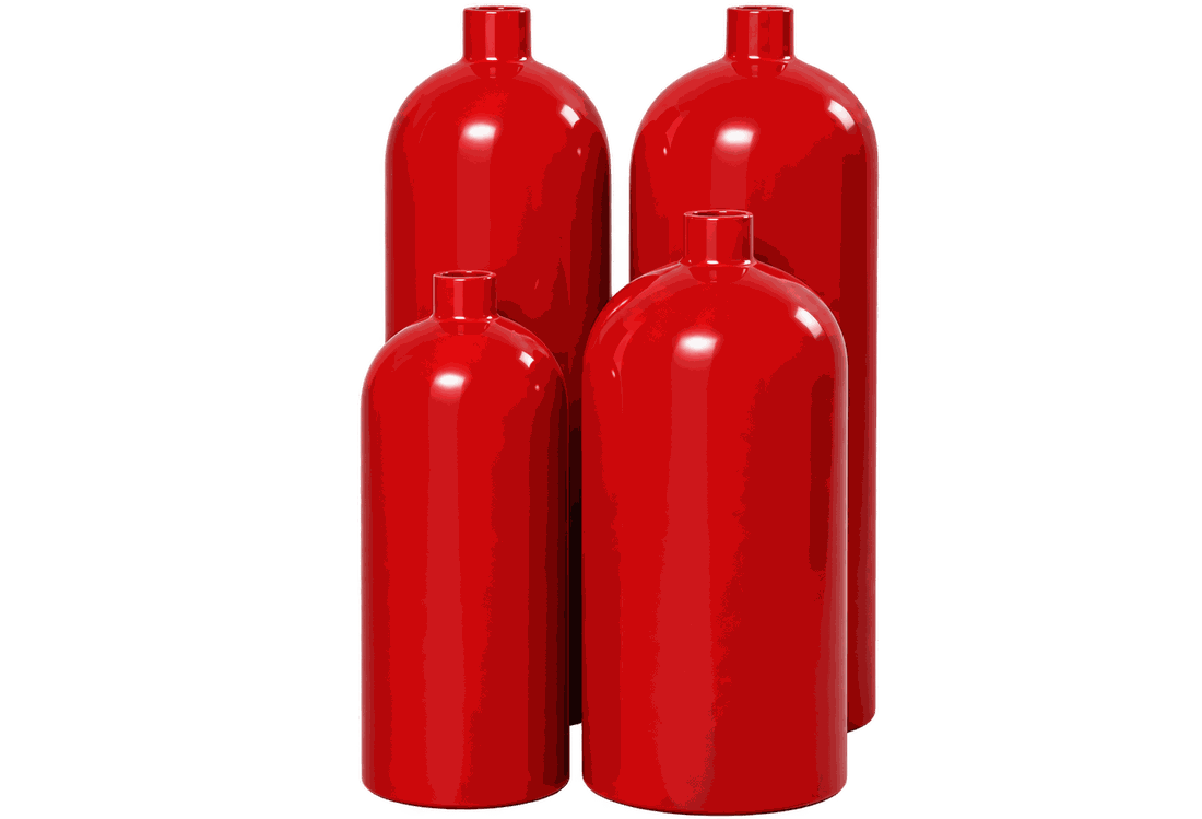 Seamless CO₂ steel cylinders by Rakshitam Industries in four body sizes, finished in signal red