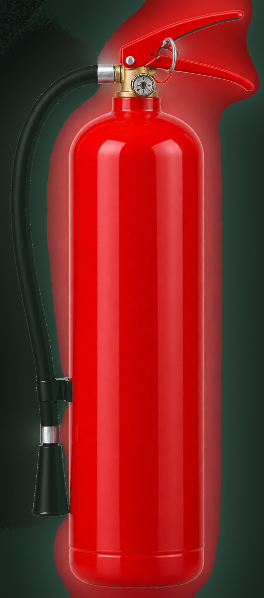 A finished CO₂ fire extinguisher — its red body is a seamless steel cylinder made by Rakshitam Industries